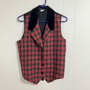 Chelsea Studio‎ Women's Plaid Velvet Collar Sleeveless Vest Medium Vintage
